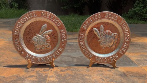 Two decorative copper or bronze circular plaques with embossed rabbit designs, displayed on stands outdoors