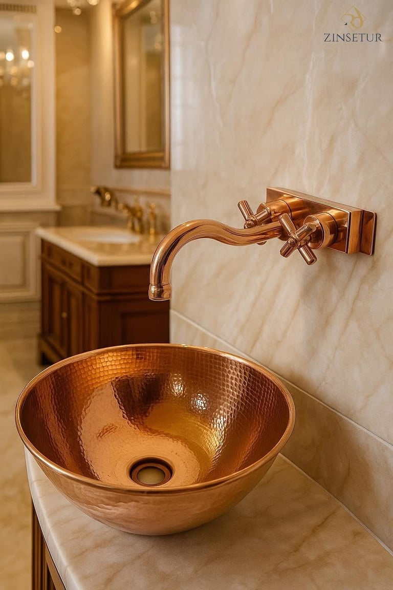 Luxurious bathroom with hammered copper vessel sink and wall-mounted curved faucet against marble wall