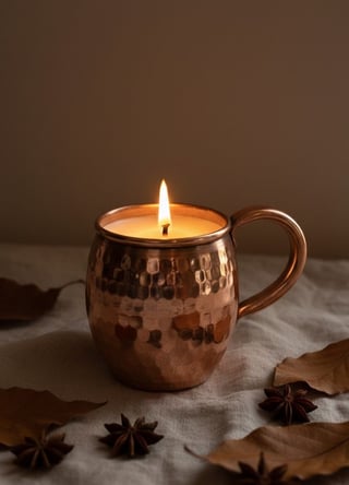 Lit candle in a copper mug on neutral fabric with scattered star anise and autumn leaves