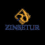 Zinsetur logo featuring gold geometric icon above blue text on black background