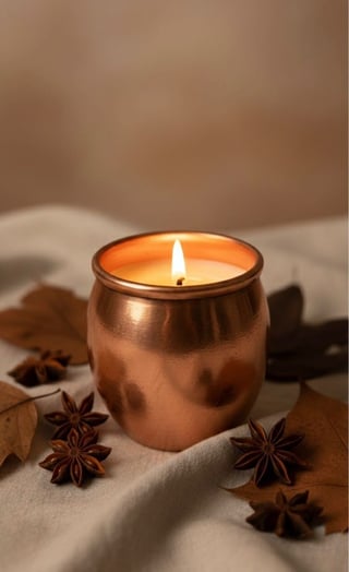 Lit scented candle in a bronze metallic jar surrounded by star anise spices on neutral fabric
